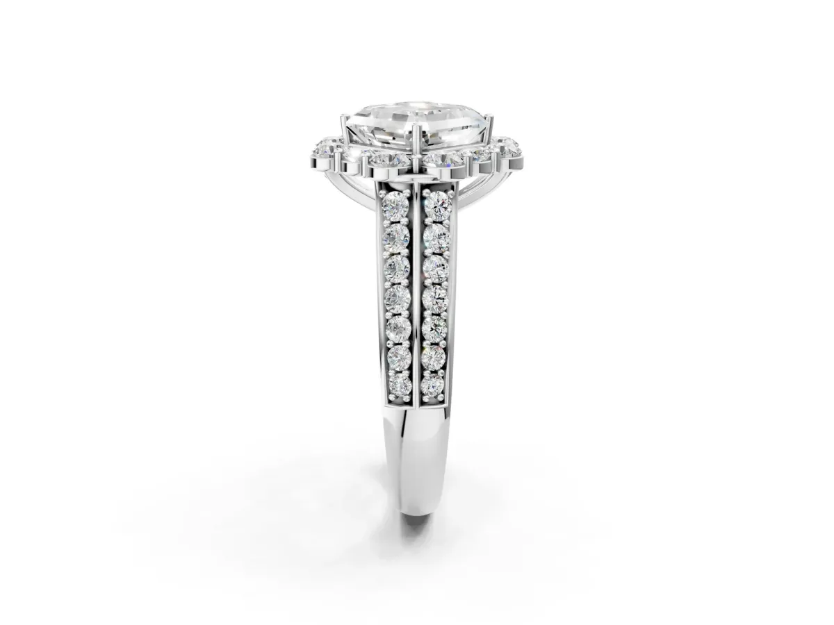 Asscher Cut Halo Diamond Engagement Ring with Split Shank and Prong Setting Platinum