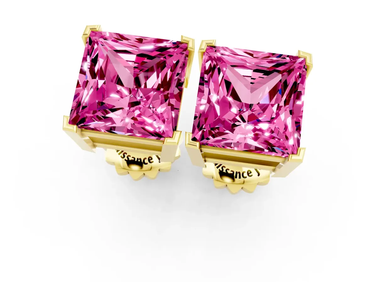 Princess Cut Pink Sapphire Stud Earrings Yellow gold