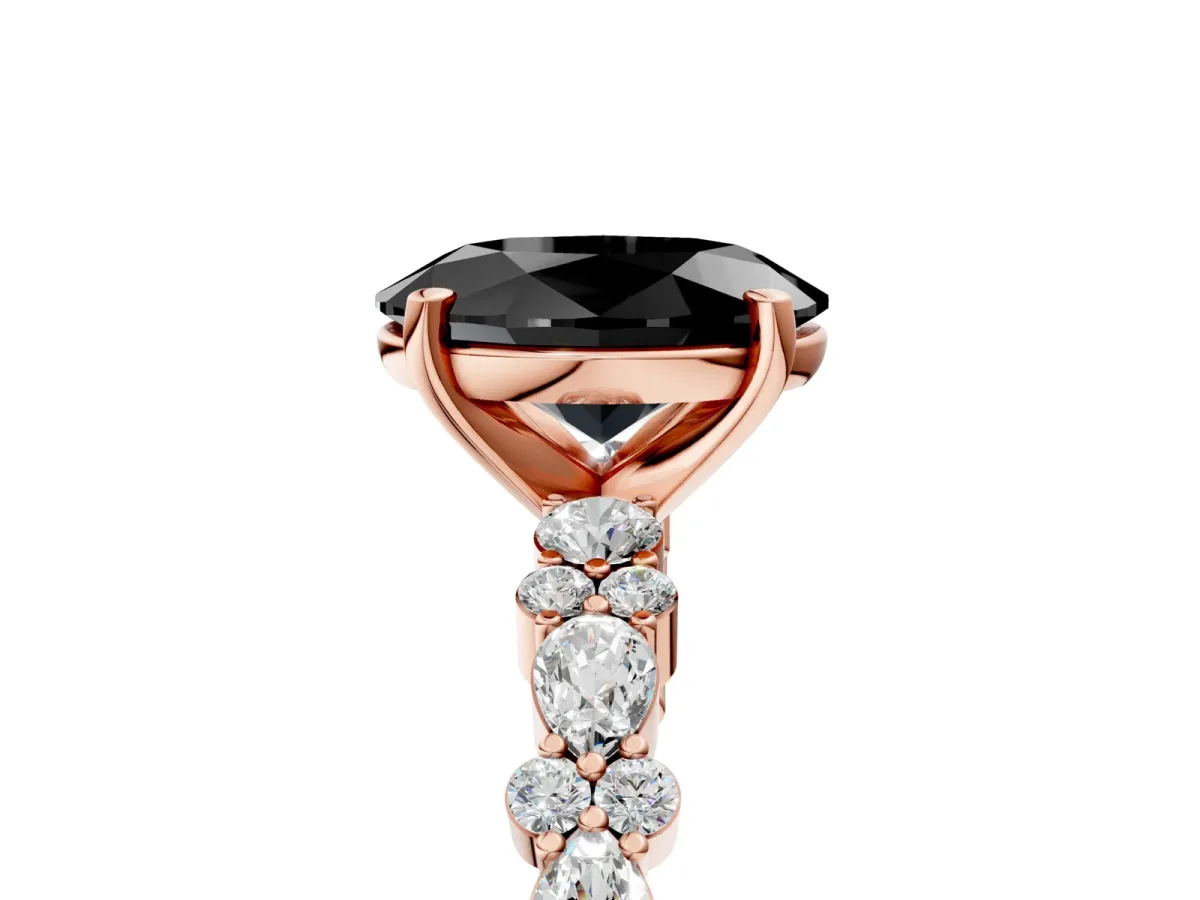 Fancy Black Oval Cut Diamond Side Stone Solitaire Ring with Round and Four-Prong Setting Rose gold