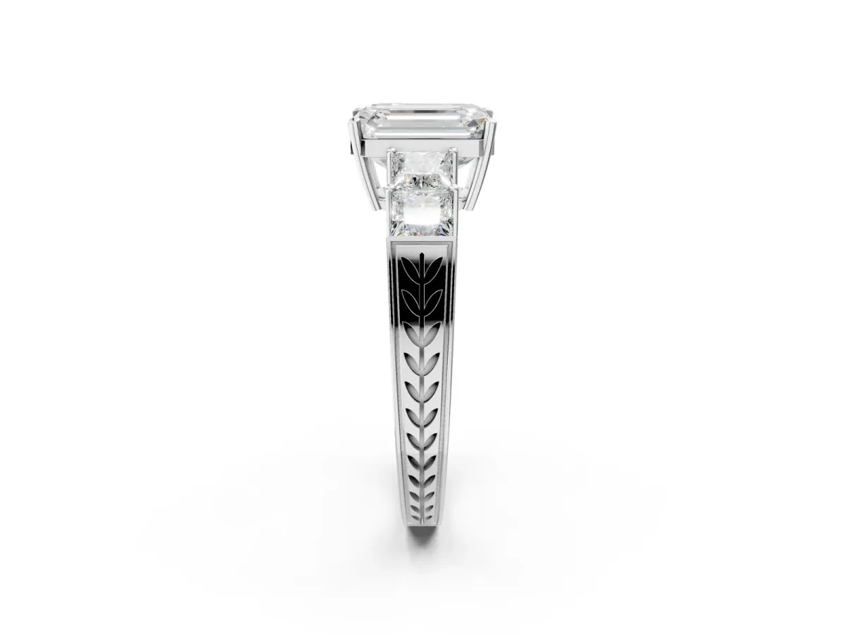 Emerald Cut Solitaire Princess Side Stone Engraved Band Prong Setting Ring Silver