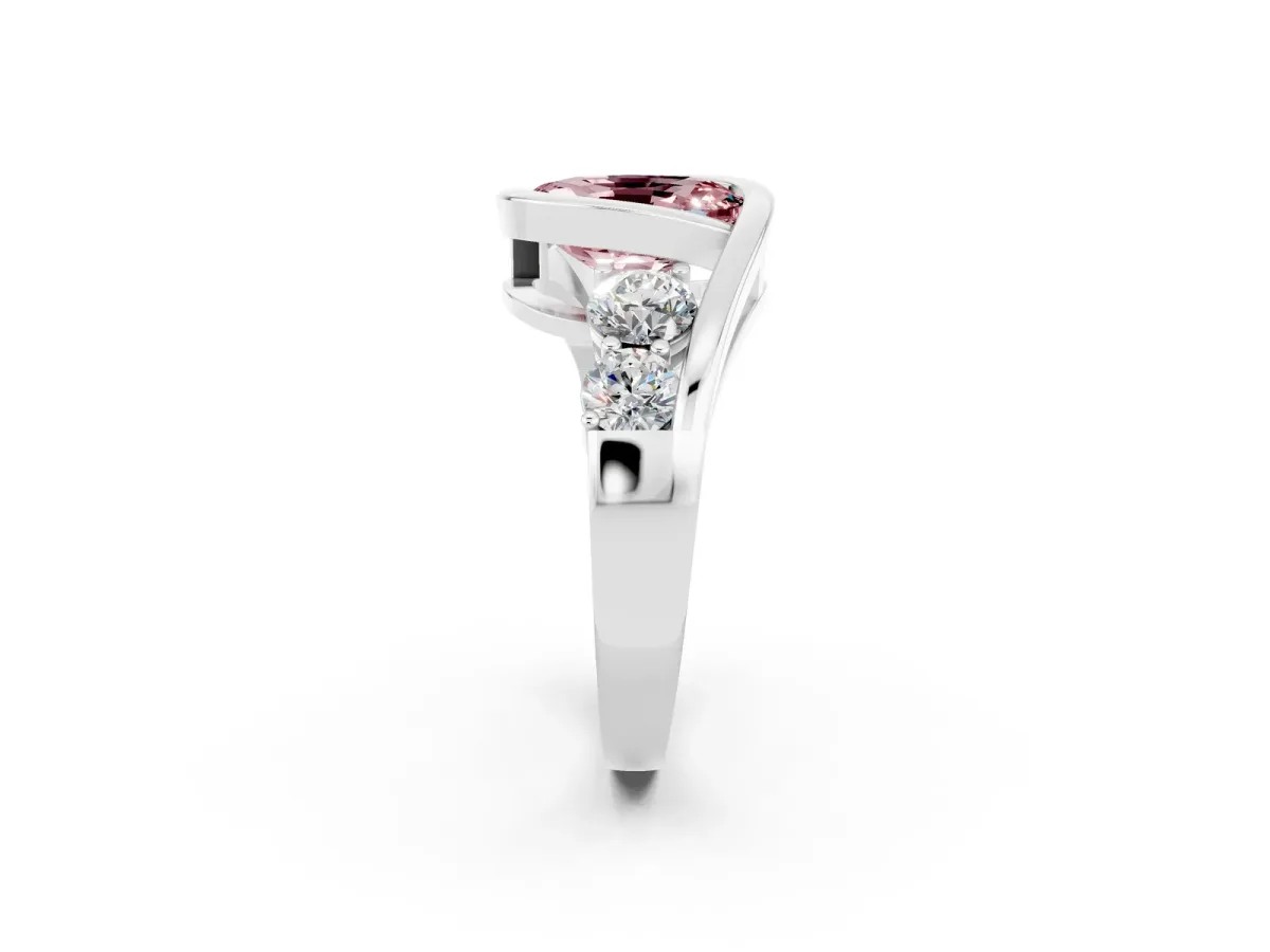 Bezel Set Oval Cut Morganite Bypass Ring with Round Accents Silver