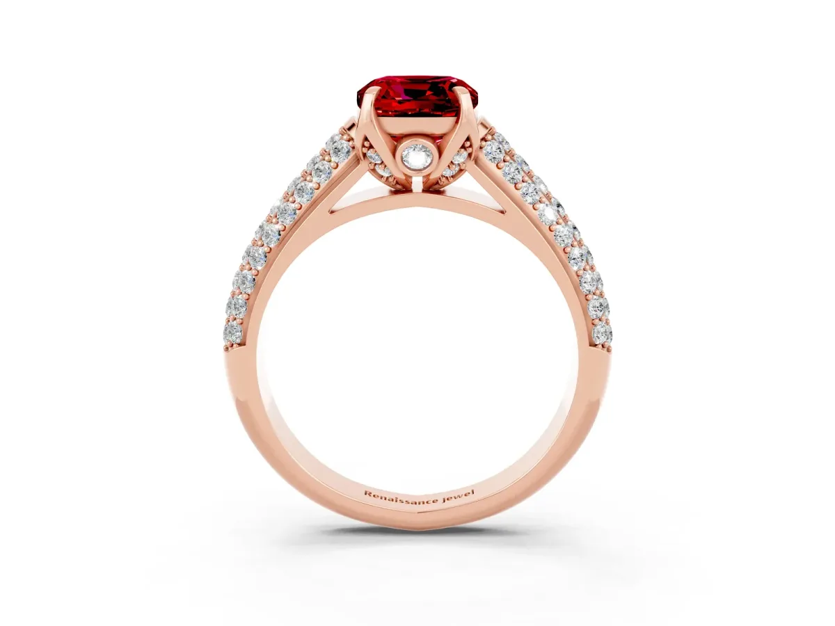 Cushion Cut Ruby Solitaire Ring with Three-Row Pavé Band and Four-Prong Setting Rose gold