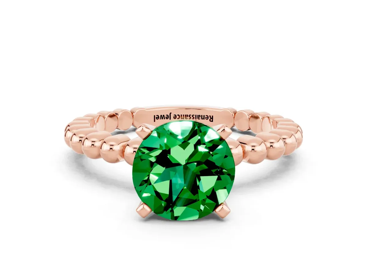 Round Cut Emerald Solitaire Ring with Beaded Band and Prong Setting Rose gold