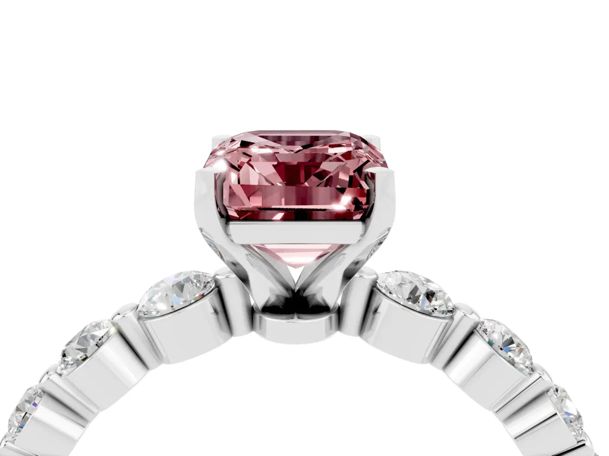 Emerald Cut Solitaire Morganite Ring with Pave Band and Four-Prong Setting Silver