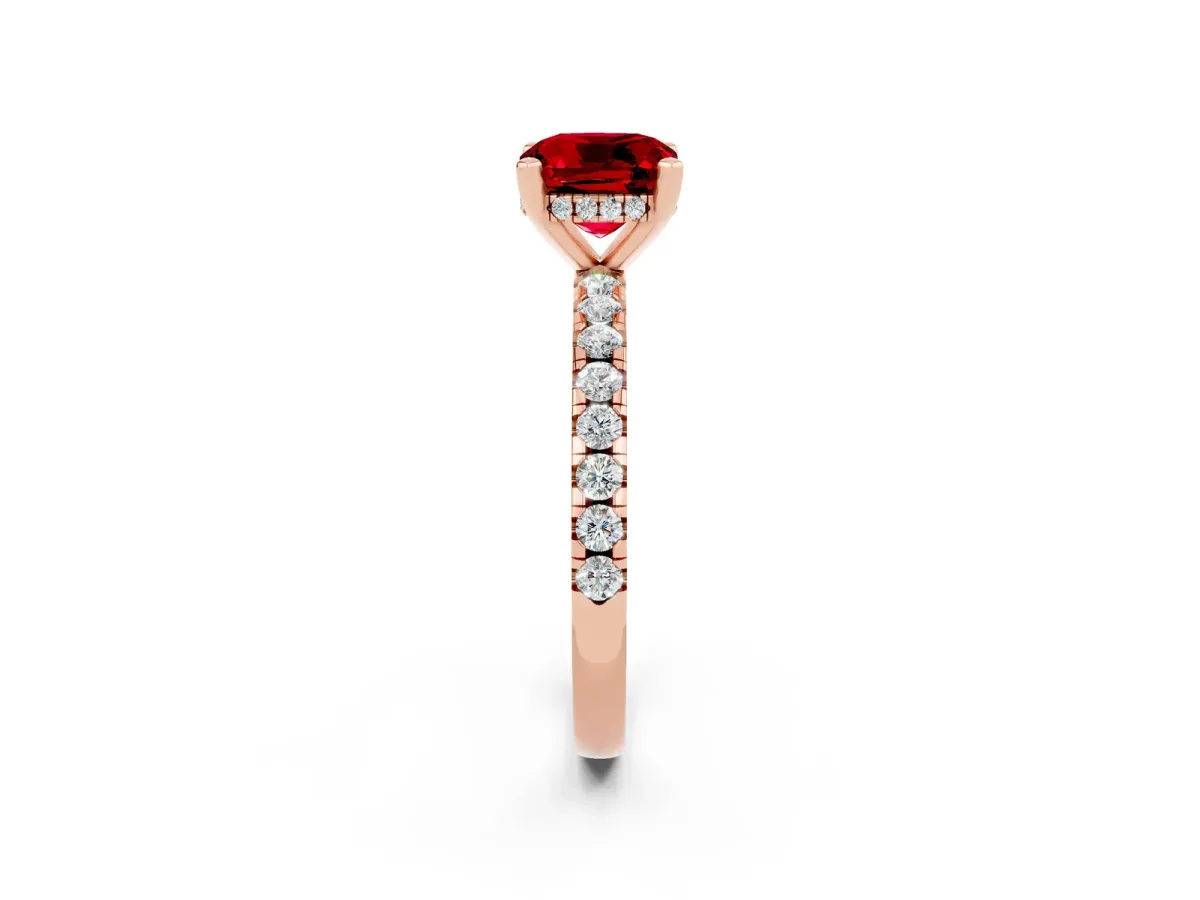 Cushion Cut Ruby Solitaire Ring with Round Pavé Band and Four-Prong Setting Rose gold