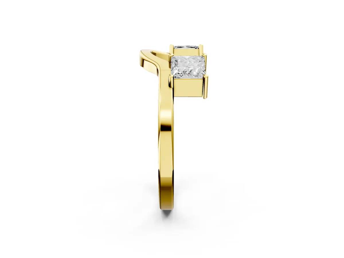 Princess Cut Diamond Two-Stone Open Band Ring with Four-Prong Setting Yellow gold