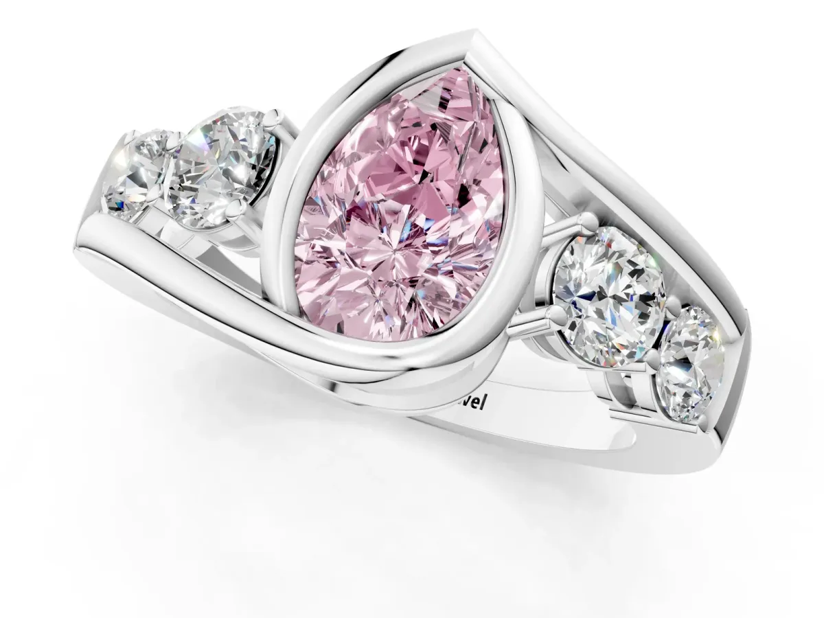 Fancy Pink Bezel Set Pear Cut Diamond Bypass Ring with Round Accents Platinum