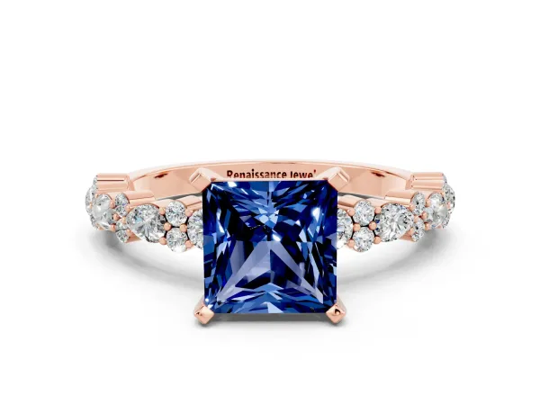 Princess Cut Blue Sapphire Side Stone Solitaire Ring with Round and Four-Prong Setting Rose gold
