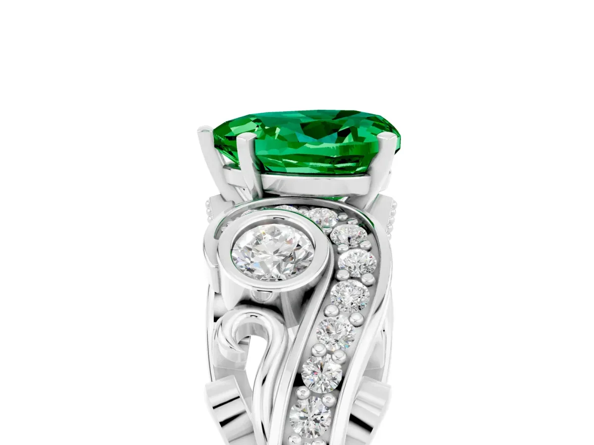 Heart Cut Emerald Solitaire Ring with Milgrain Pavé Band and Four-Prong Setting Silver
