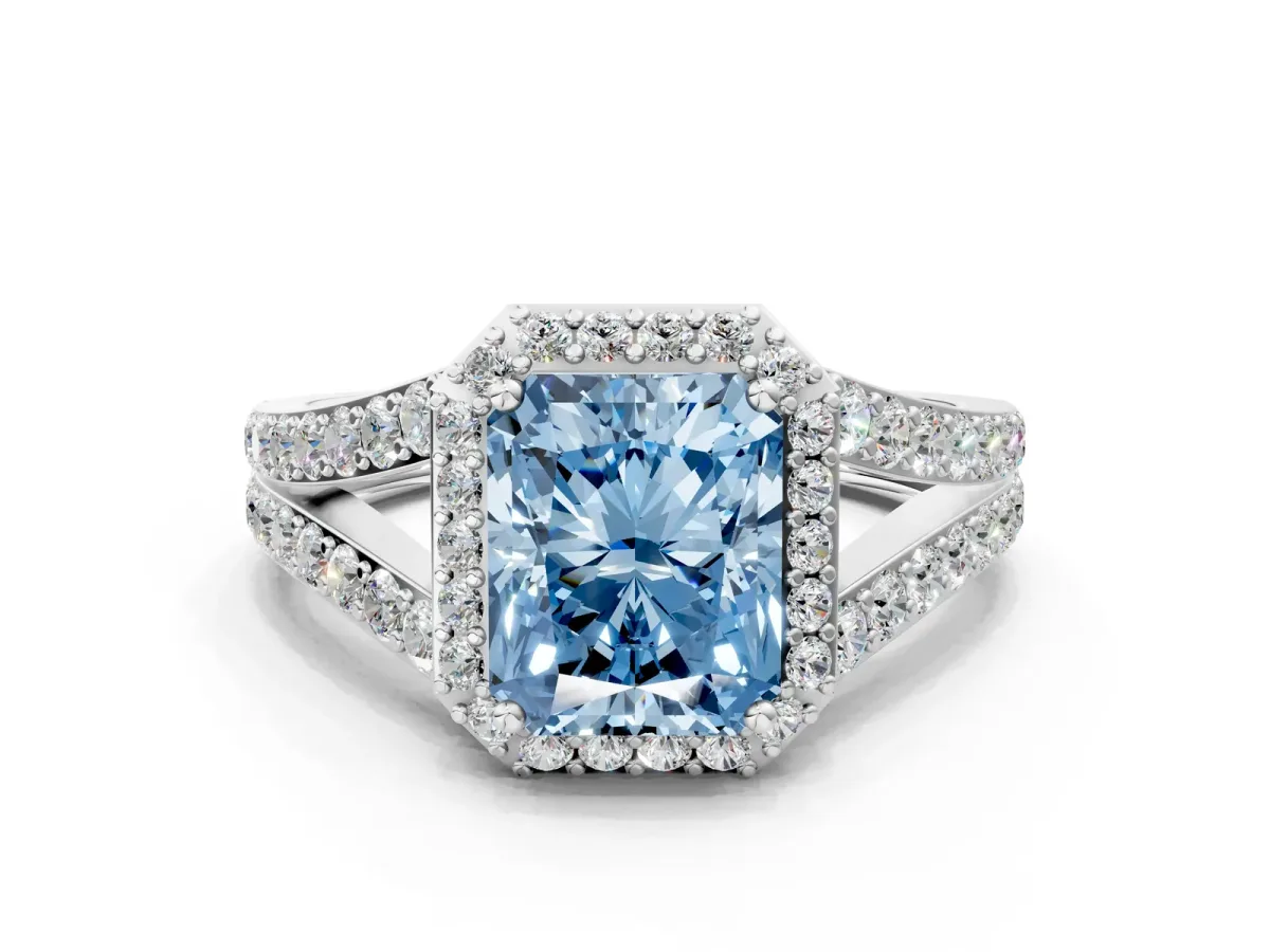 Fancy Blue Radiant Cut Diamond Split Shank Halo Ring with Four-Prong Setting Platinum