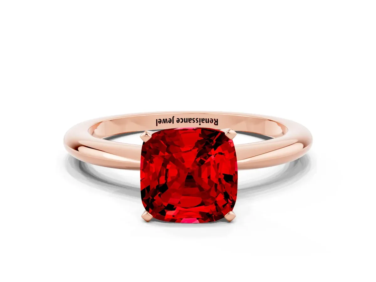 Cushion Cut Ruby Solitaire Ring with Six-Prong Setting and Classic Band Rose gold