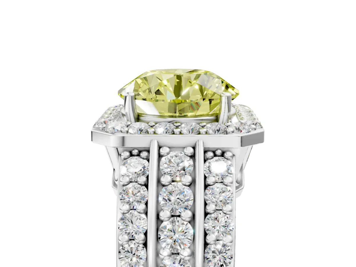 Fancy Yellow Round Cut Halo Diamond Ring with Round Split Shank and Prong Setting Platinum