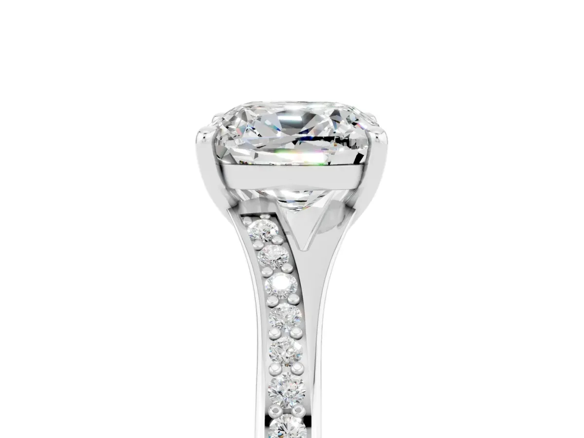 Cushion Cut Moissanite Solitaire Ring with Pavé Band and Prong Setting Silver