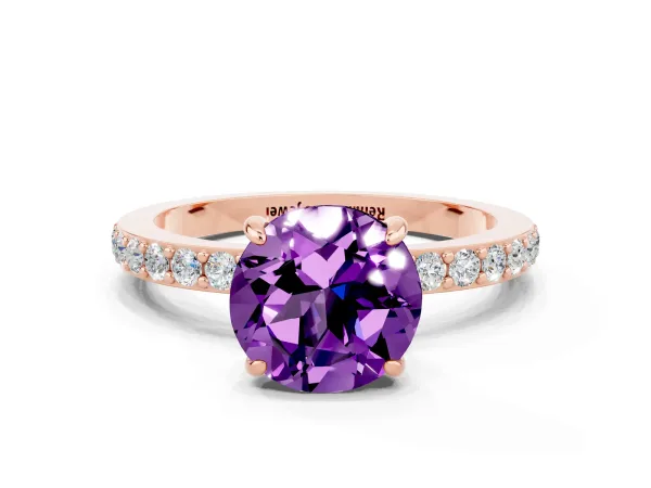 Round Cut Amethyst Solitaire Engagement Ring with Pavé Band and Four-Prong Setting Rose gold