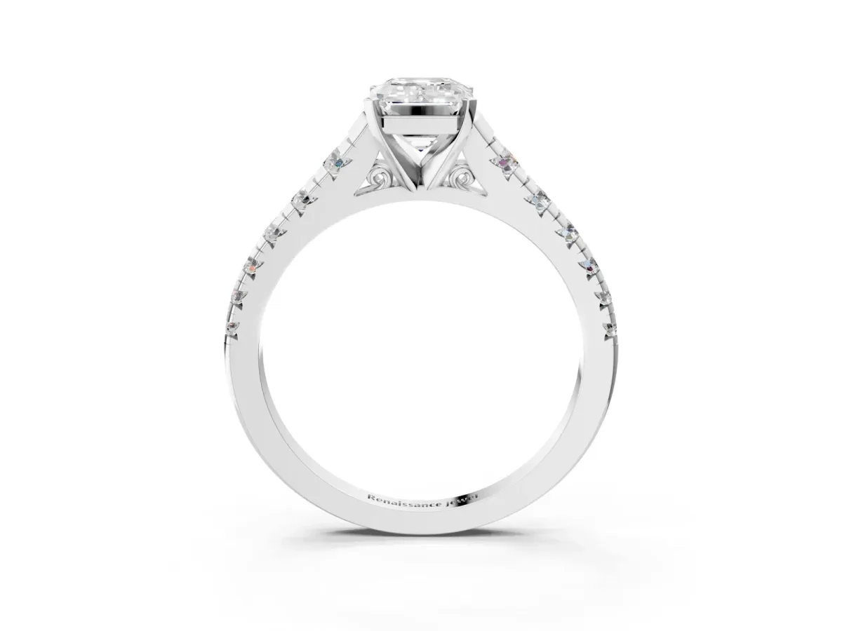 Emerald Cut Diamond Cathedral Solitaire Ring with Round Moissanite Pavé Band Silver
