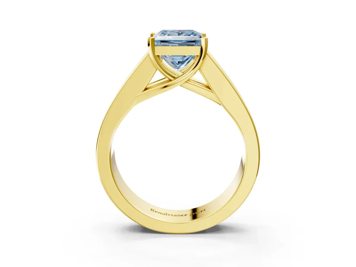 Fancy Blue Princess Cut Cut Channel Set Solitaire Ring with Four-Prong Setting Yellow gold