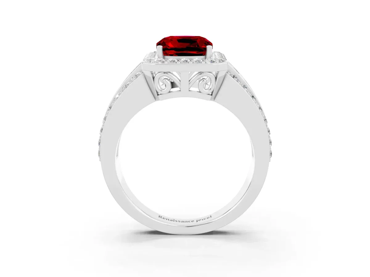 Cushion Cut Halo Ruby Ring with Round Split Shank and Prong Setting Platinum
