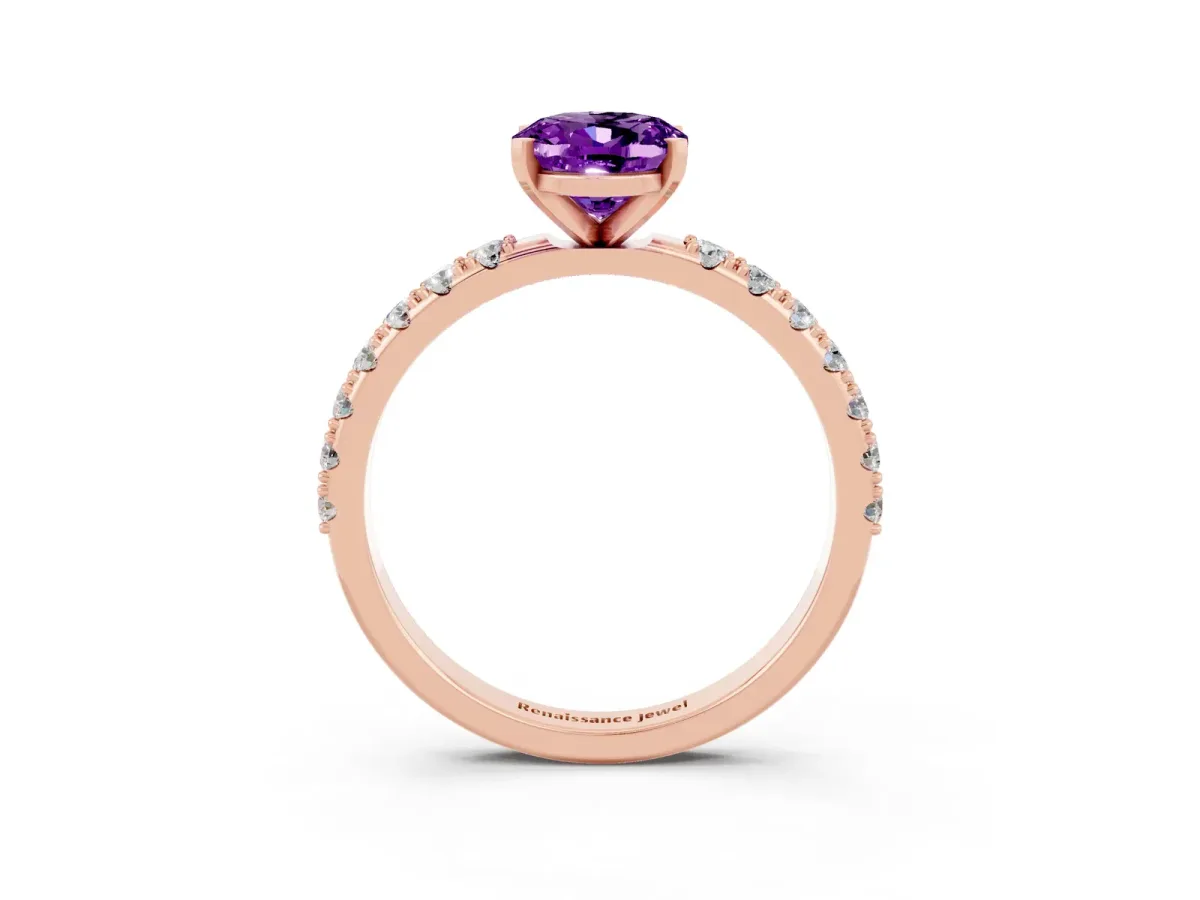 Oval Cut Amethyst Solitaire Pavé Band with Four-Prong Setting Rose gold