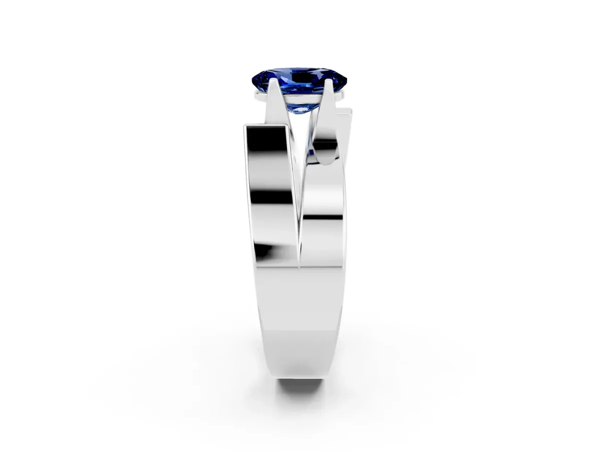 Modern Tension Set Oval Cut Blue Sapphire Solitaire Wide Band Ring Silver
