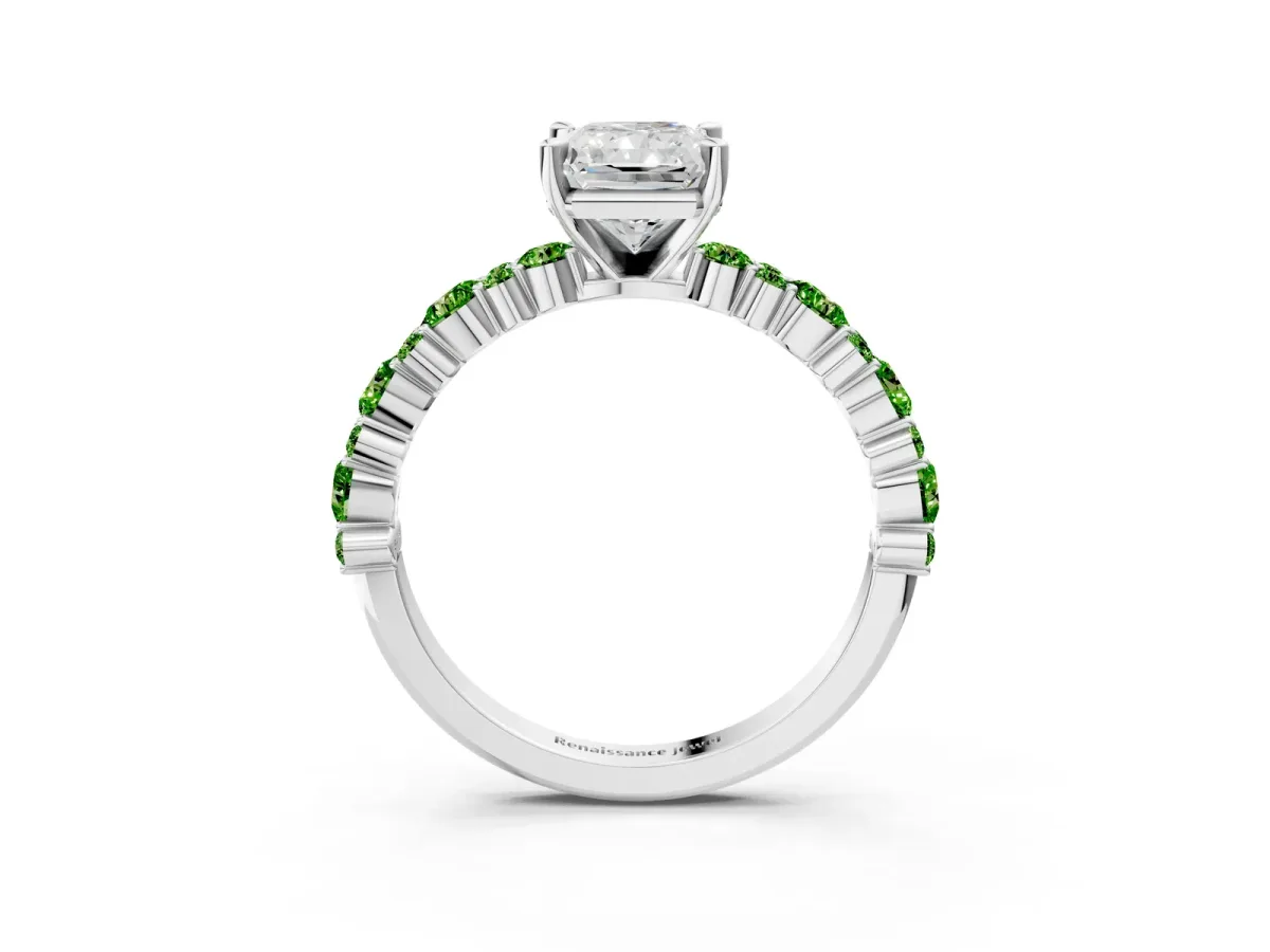 Radiant Cut Diamond Side Stone Solitaire Ring with Round Peridot and Four-Prong Setting Platinum
