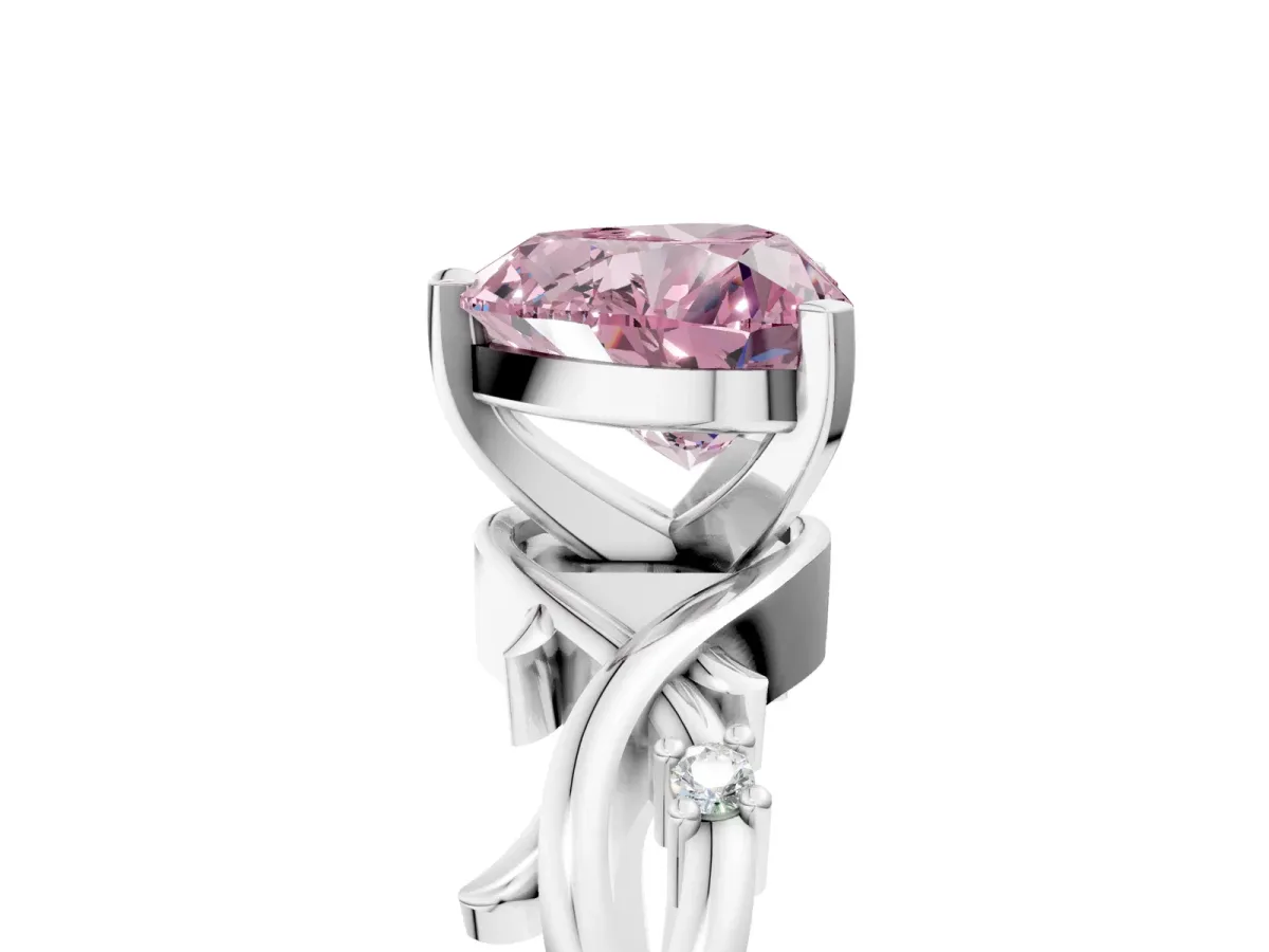 Fancy Pink Heart Cut Diamond Solitaire Ring with Twisted Band and Prong Setting Silver