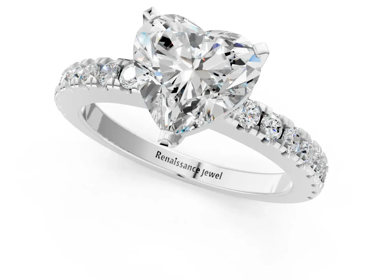 Heart Cut Solitaire Diamond with Pavé Band and Four-Prong Setting Silver