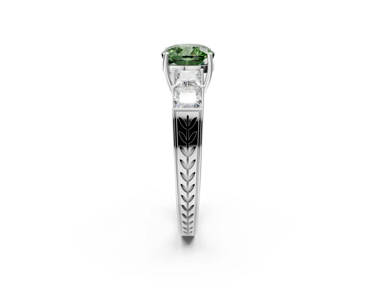 Fancy Green Cushion Cut Solitaire Princess Side Stone Engraved Band Prong Setting Ring Platinum