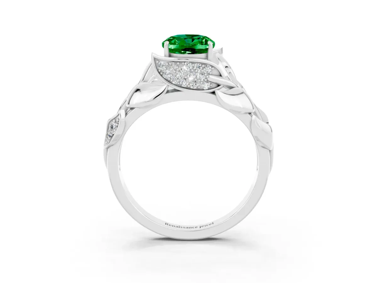 Oval Cut Emerald Leaf-Inspired Engagement Ring with Round Accents and Prong Setting Platinum