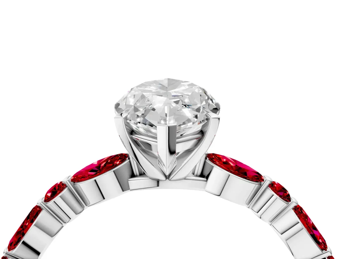 Marquise Cut Diamond Ring with Marquise and Round Ruby Side Stones and Four-Prong Setting Silver