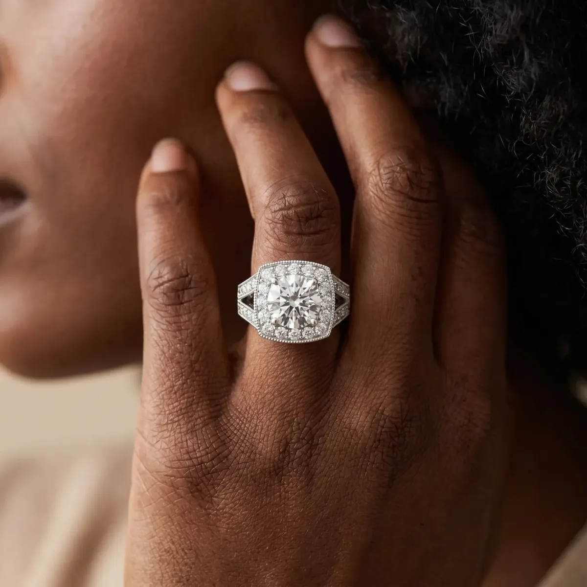 Round Cut Halo Split Shank Diamond Ring with Milgrain Prong Setting Platinum