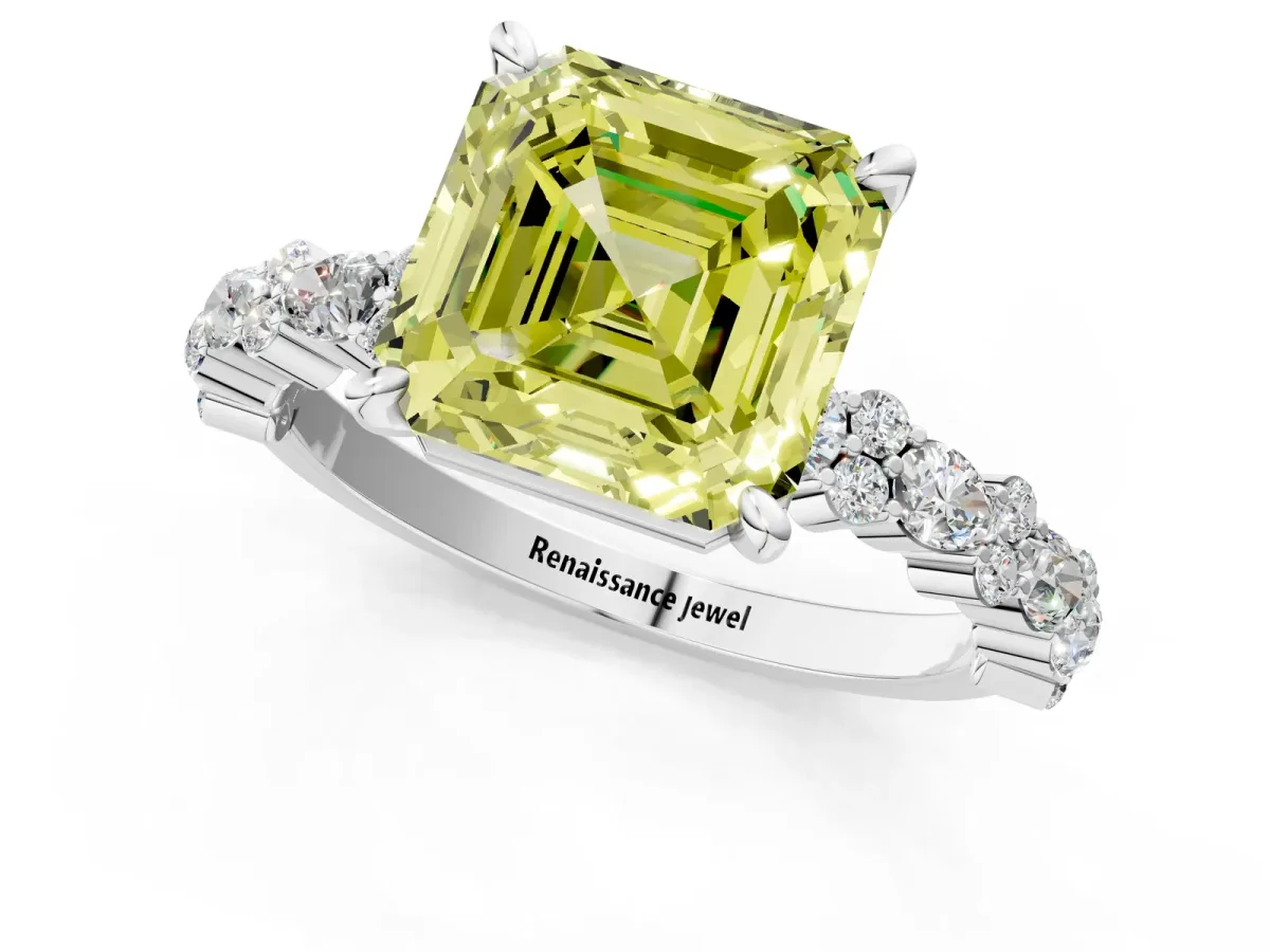 Fancy Yellow Asscher Cut Diamond Side Stone Solitaire Ring with Round and Four-Prong Setting Silver