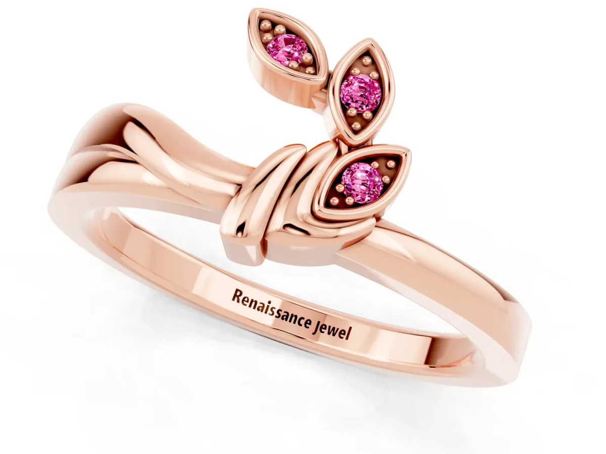 Three-Stone Round Pink Sapphire Leaf Bypass Ring with Bezel Setting Rose gold