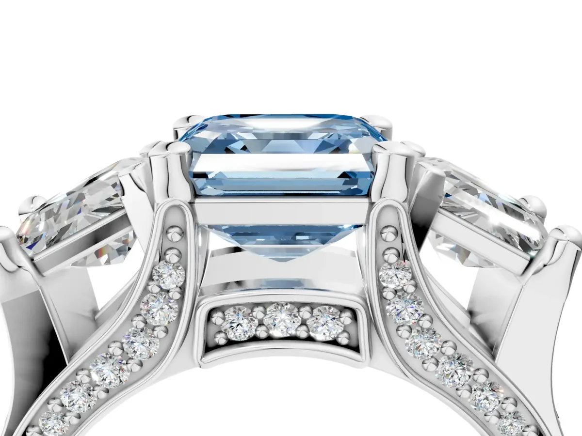 Fancy Blue Asscher Cut Diamond Three-Stone Ring with Channel Set Band and Four-Prong Setting Platinum