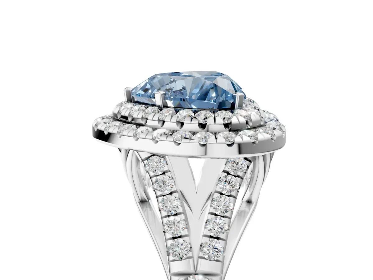 Fancy Blue Heart Cut Cut Double Halo Split Shank Diamond Ring with Prong Setting Platinum