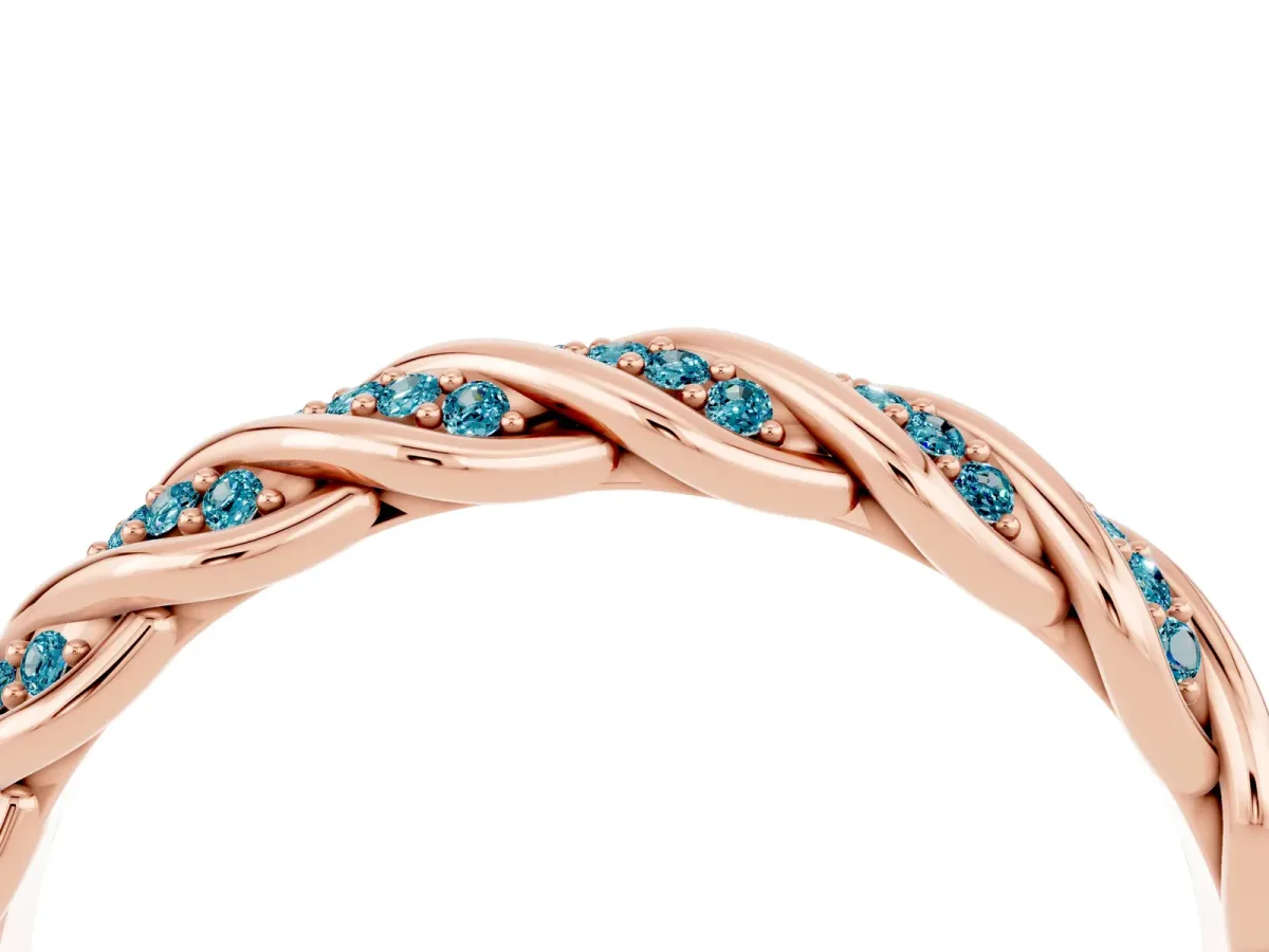Twisted Pavé Round Blue Topaz Eternity Band with Shared Prong Setting Rose gold