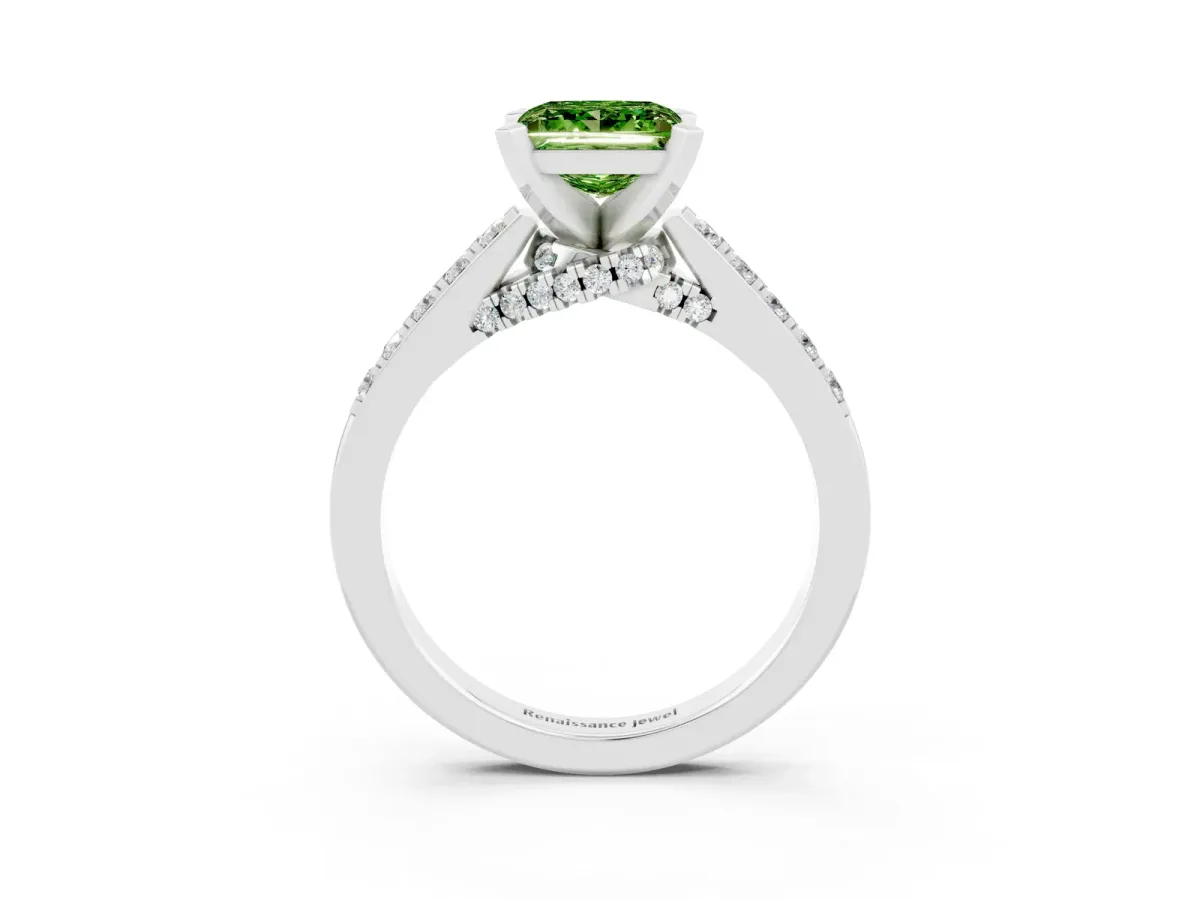 Princess Cut Peridot Solitaire Ring with Crossover Gallery and Round Pavé Band Silver