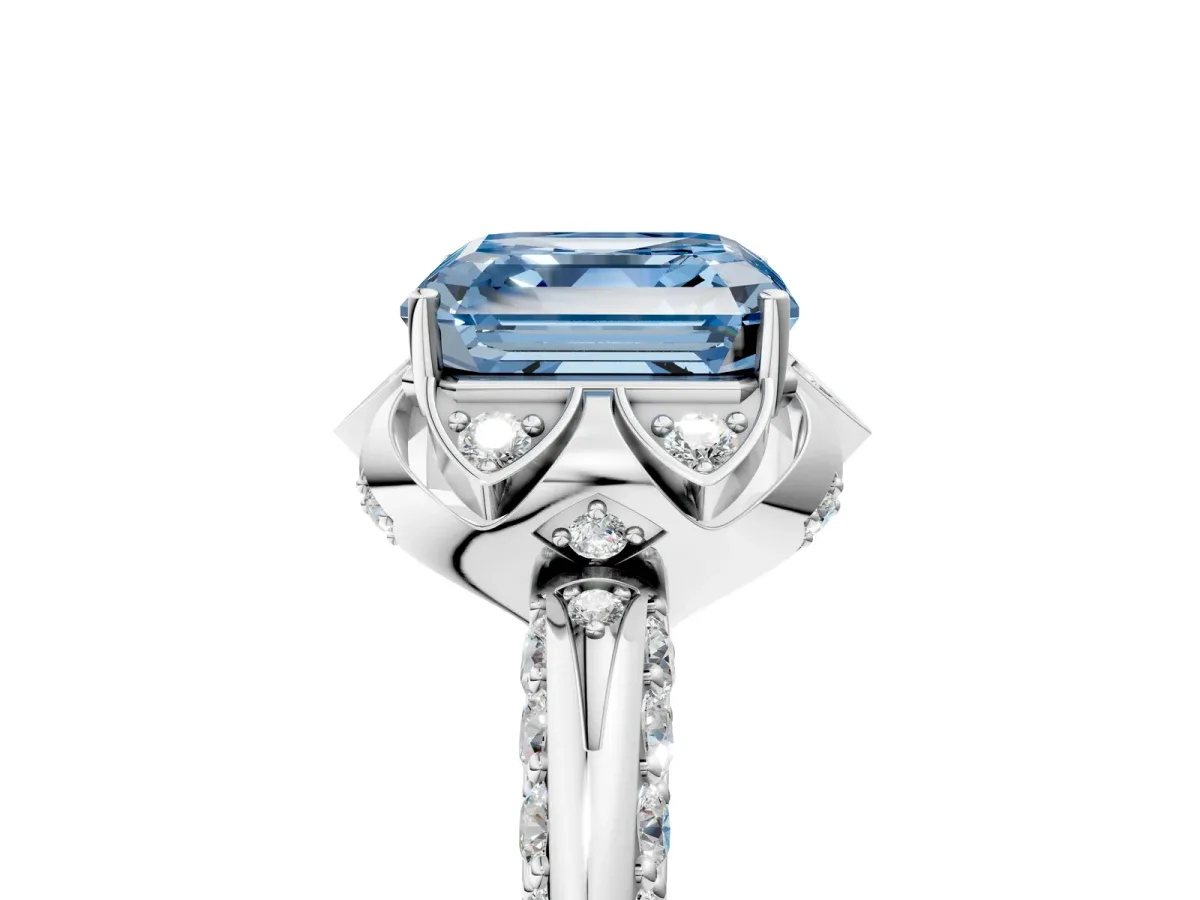 Fancy Blue Asscher Cut Halo Split Shank Pave Diamond Ring with Petal Prong Setting Platinum