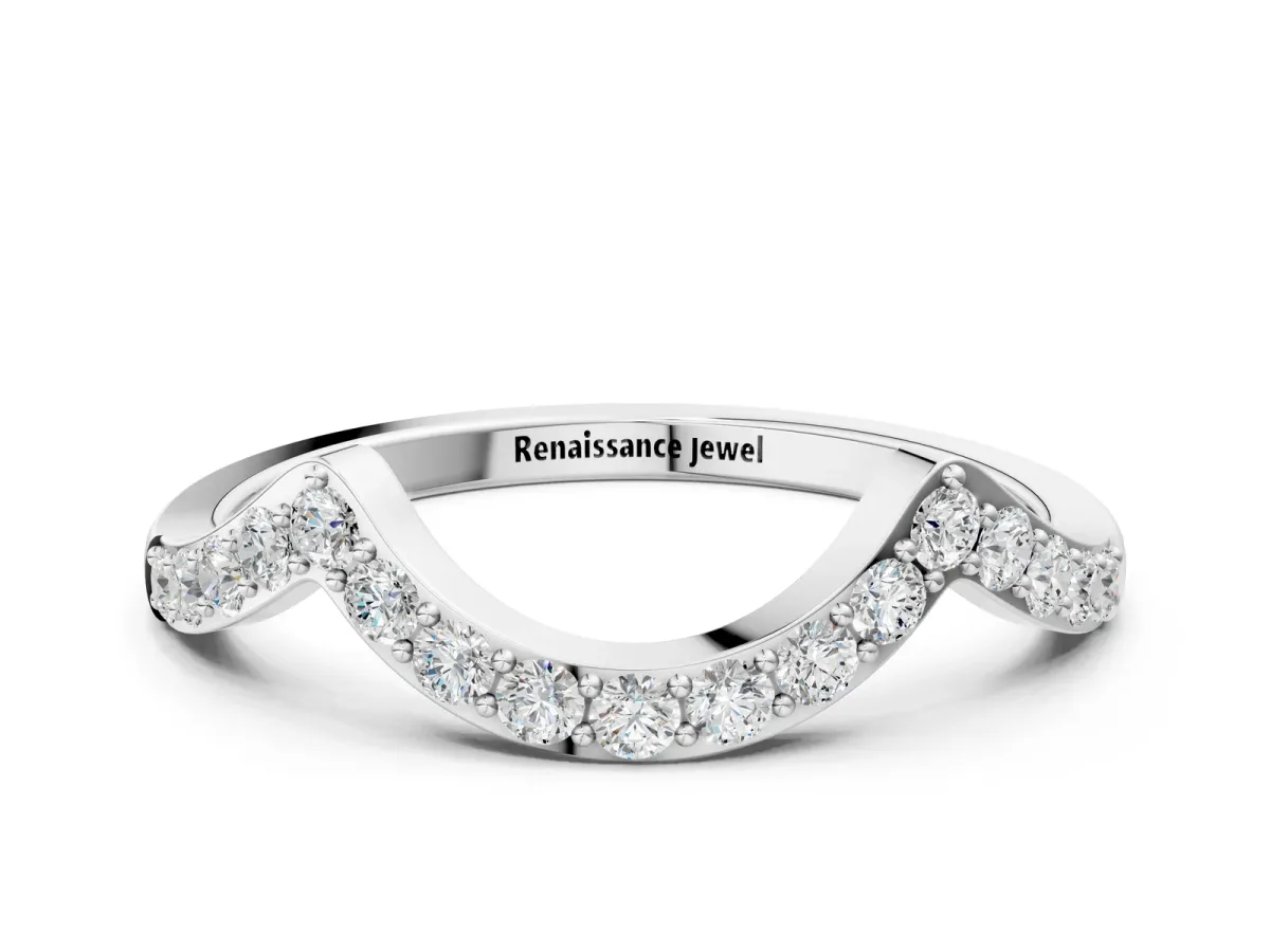 Curved Pave Round Diamond Contour Band with Shared Prong Setting White gold