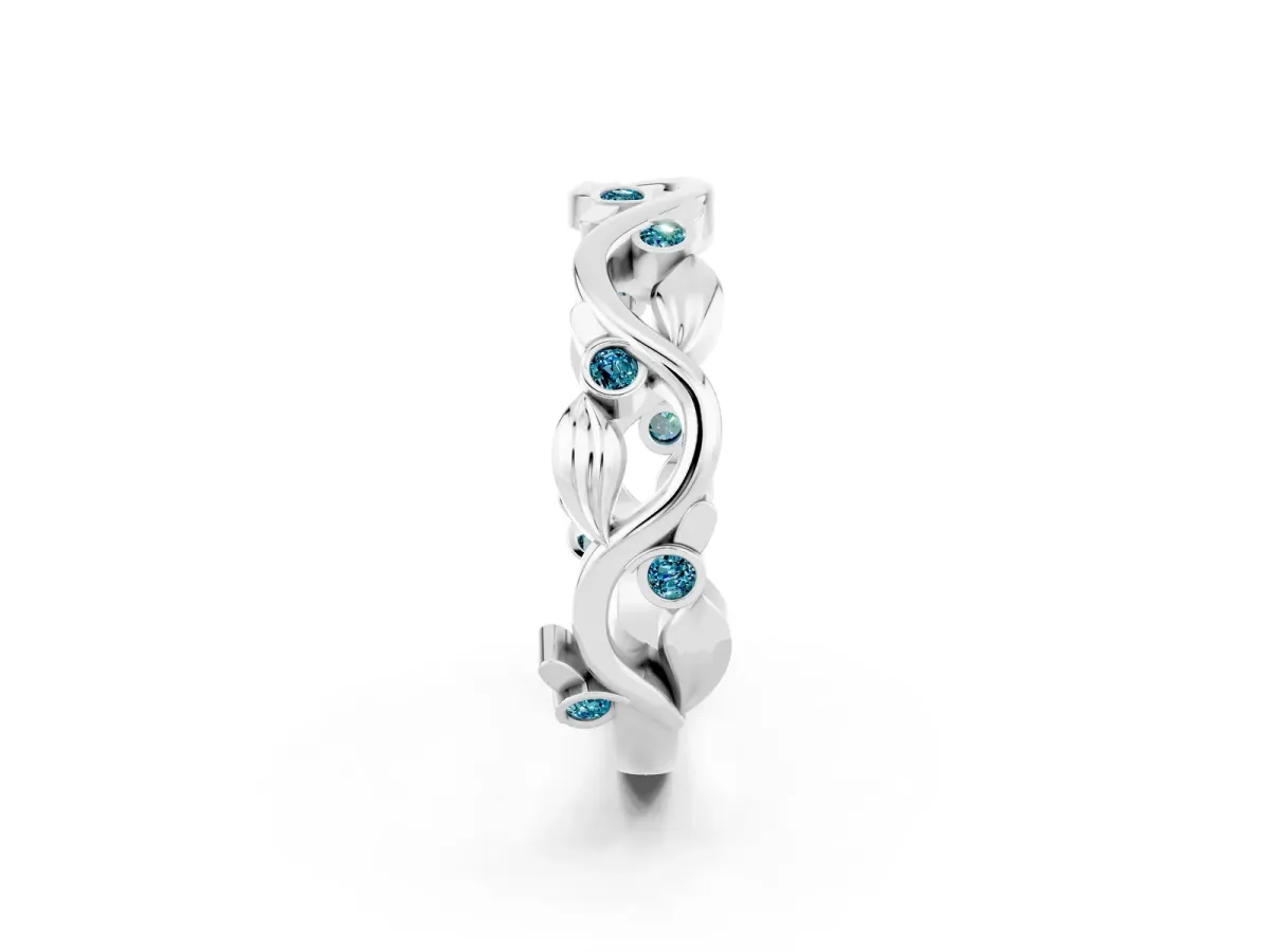 Round Blue Topaz Leaf Eternity Band with Bezel Setting White gold