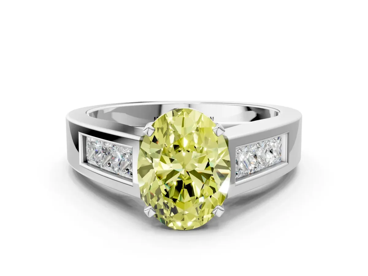Fancy Yellow Oval Cut Cut Channel Set Solitaire Ring with Four-Prong Setting Platinum