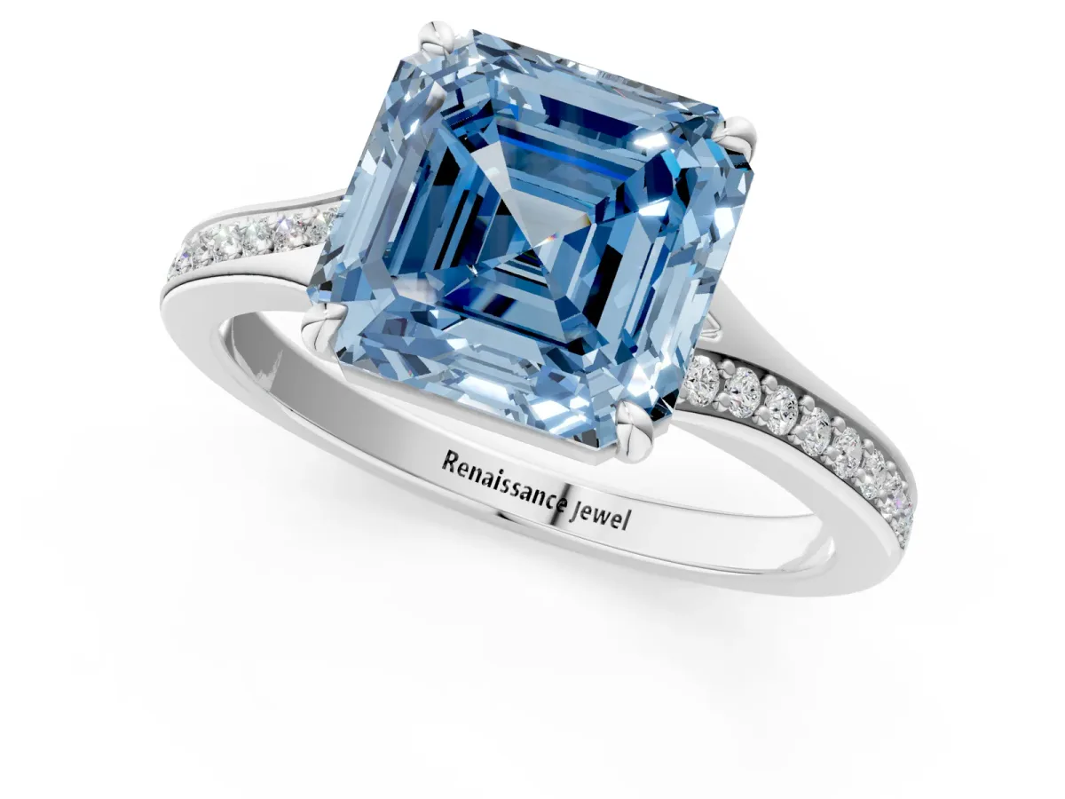 Fancy Blue Asscher Cut Diamond Solitaire Ring with Pavé Band and Prong Setting Platinum