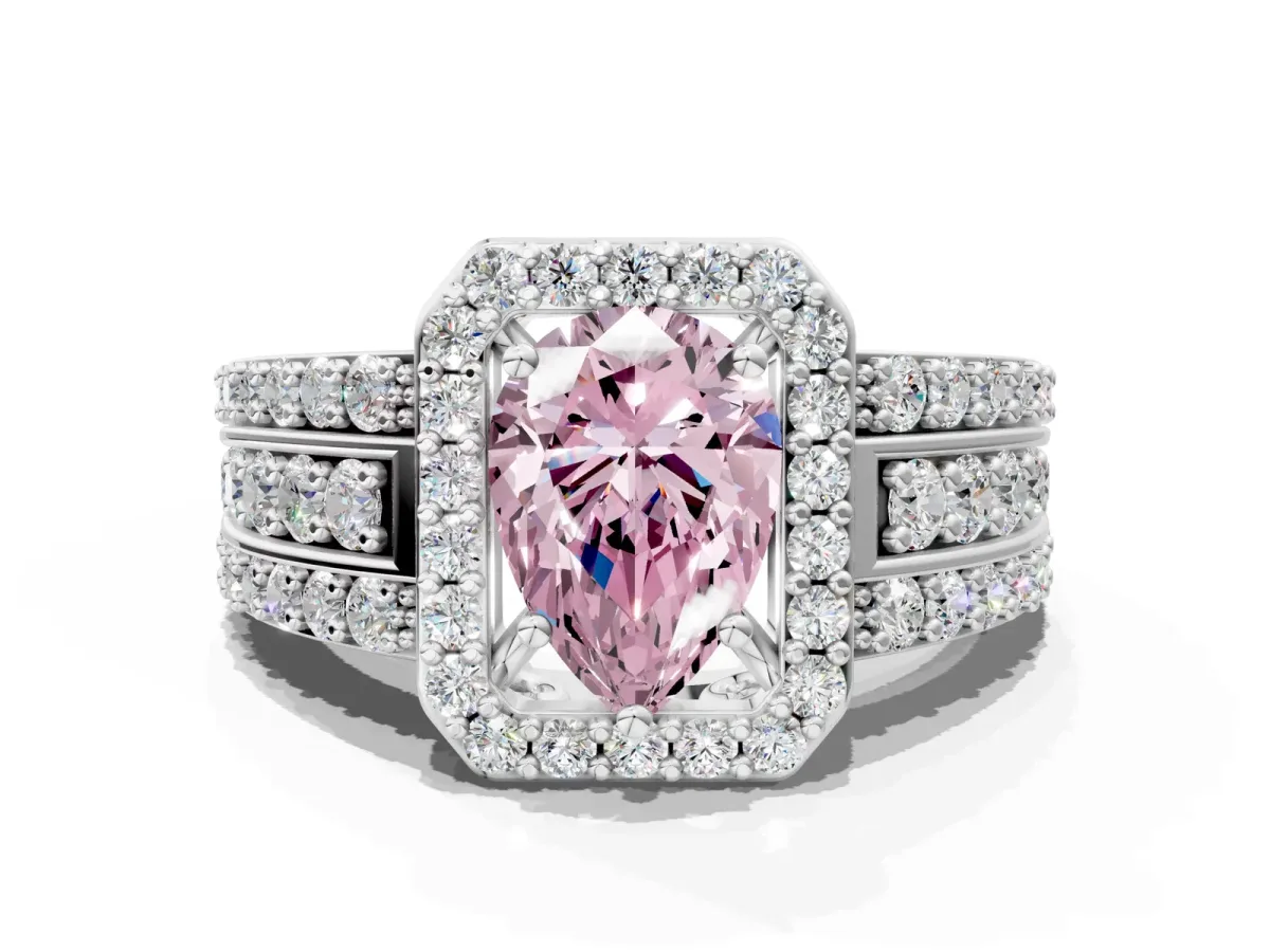 Fancy Pink Pear Cut Halo Diamond Ring with Round Split Shank and Prong Setting Silver