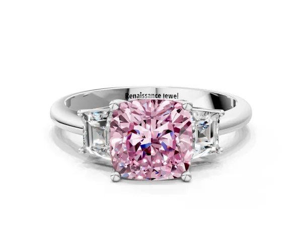 Fancy Pink Cushion Cut Diamond Three-Stone Ring with Trapezoid Side Stones and Prong Setting Platinum