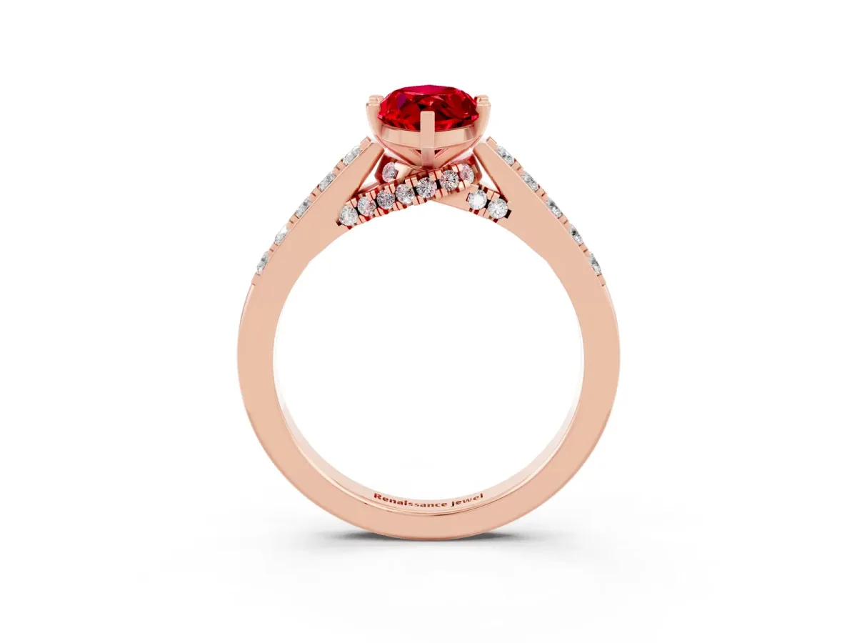 Marquise Cut Ruby Solitaire Ring with Crossover Gallery and Round Pavé Band Rose gold