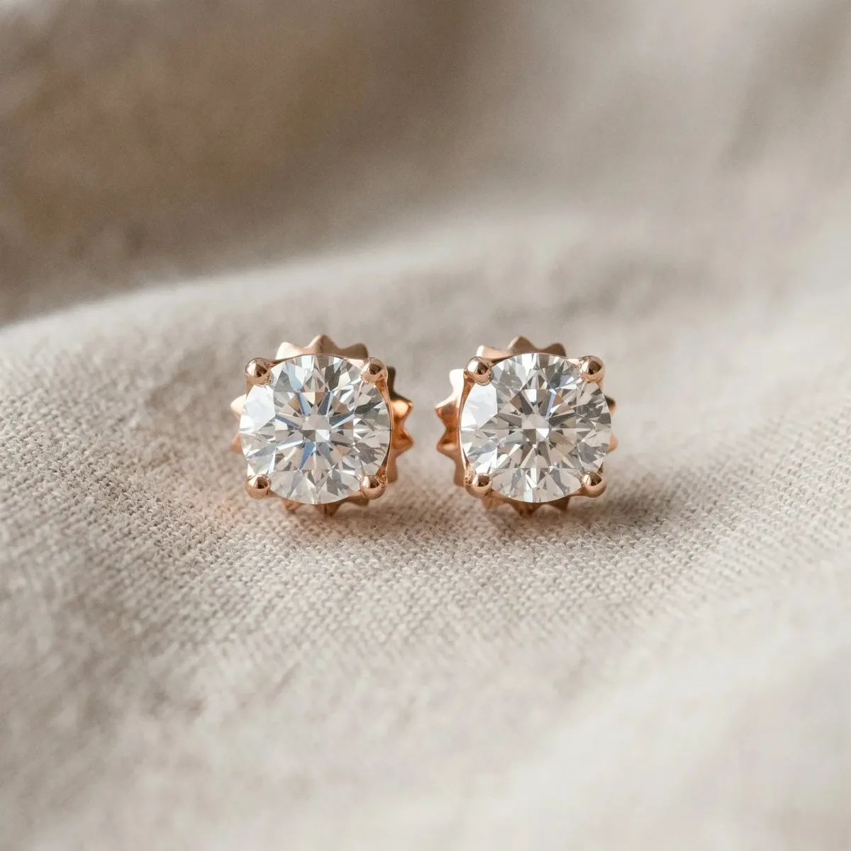Round Solitaire Diamond Stud Earrings with Four-Prong Basket Setting Rose gold
