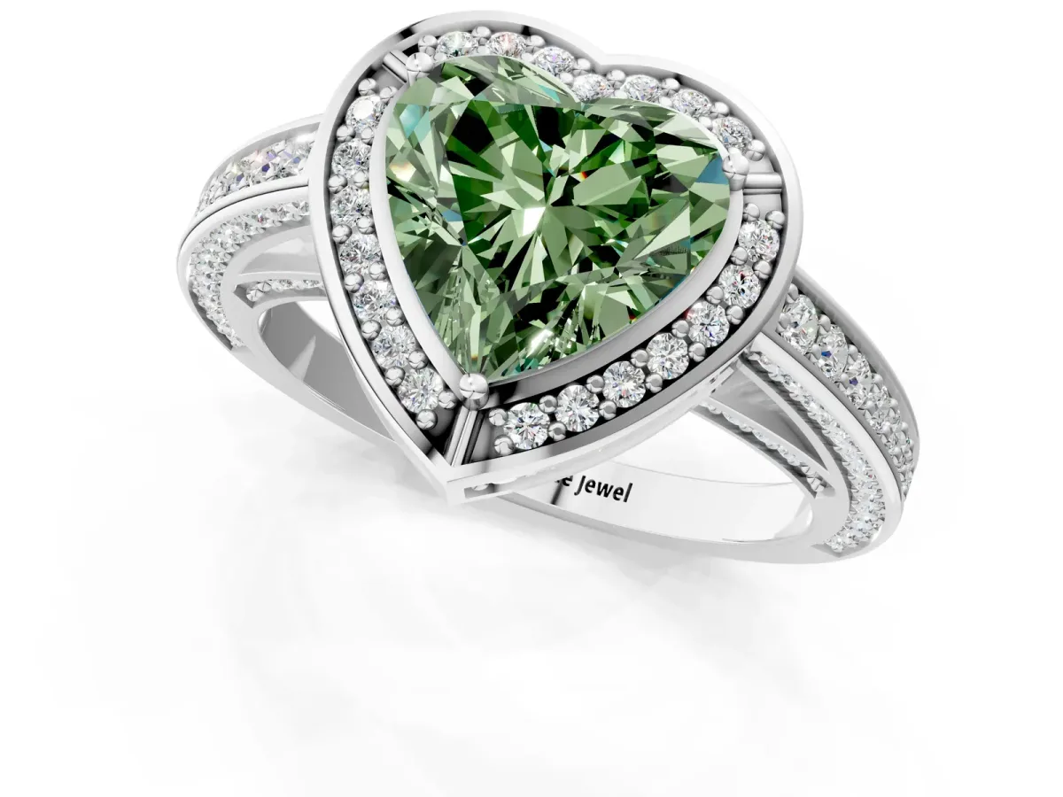 Fancy Green Heart Cut Cut Halo Pave Split Shank Prong Setting Ring Platinum