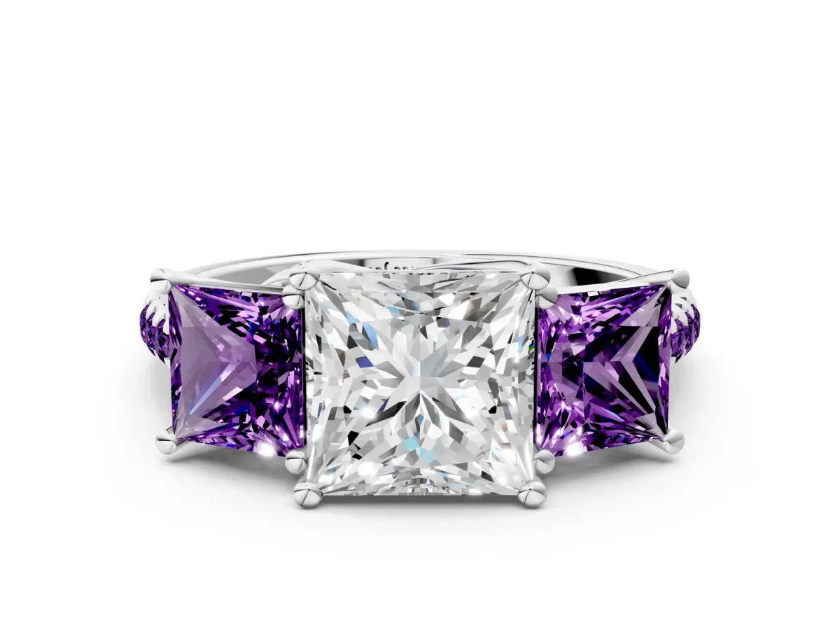 Three-Stone Princess Cut Diamond Ring with Round Amethyst Pavé Band and Prong Setting Silver