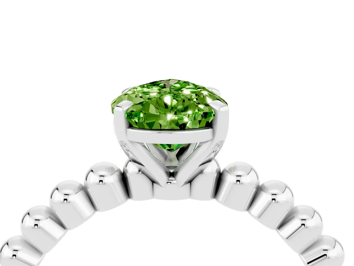 Pear Cut Peridot Solitaire Ring with Beaded Band and Prong Setting White gold