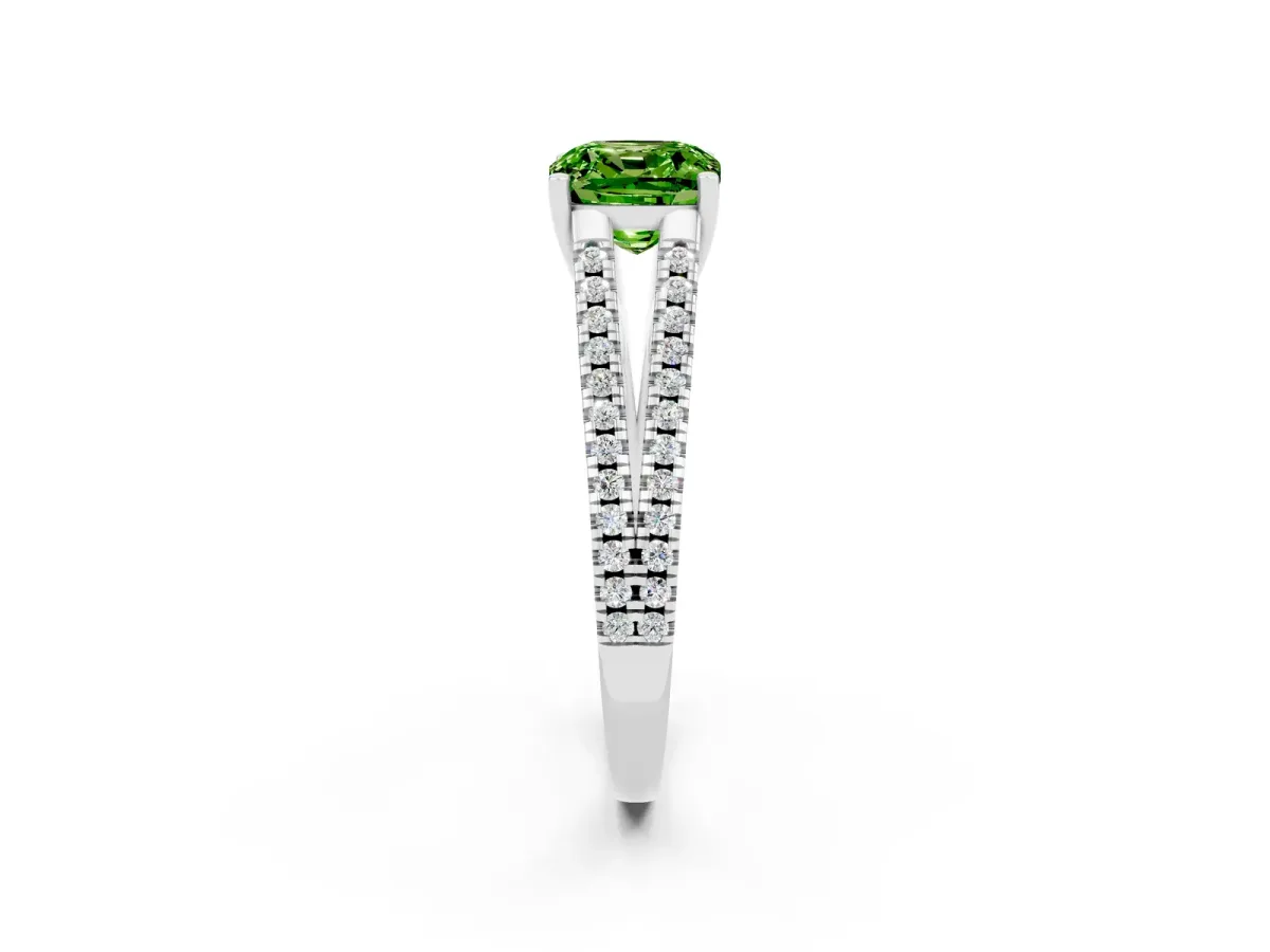 Cushion Cut Peridot Solitaire Engagement Ring with Split Shank Pavé Band Silver