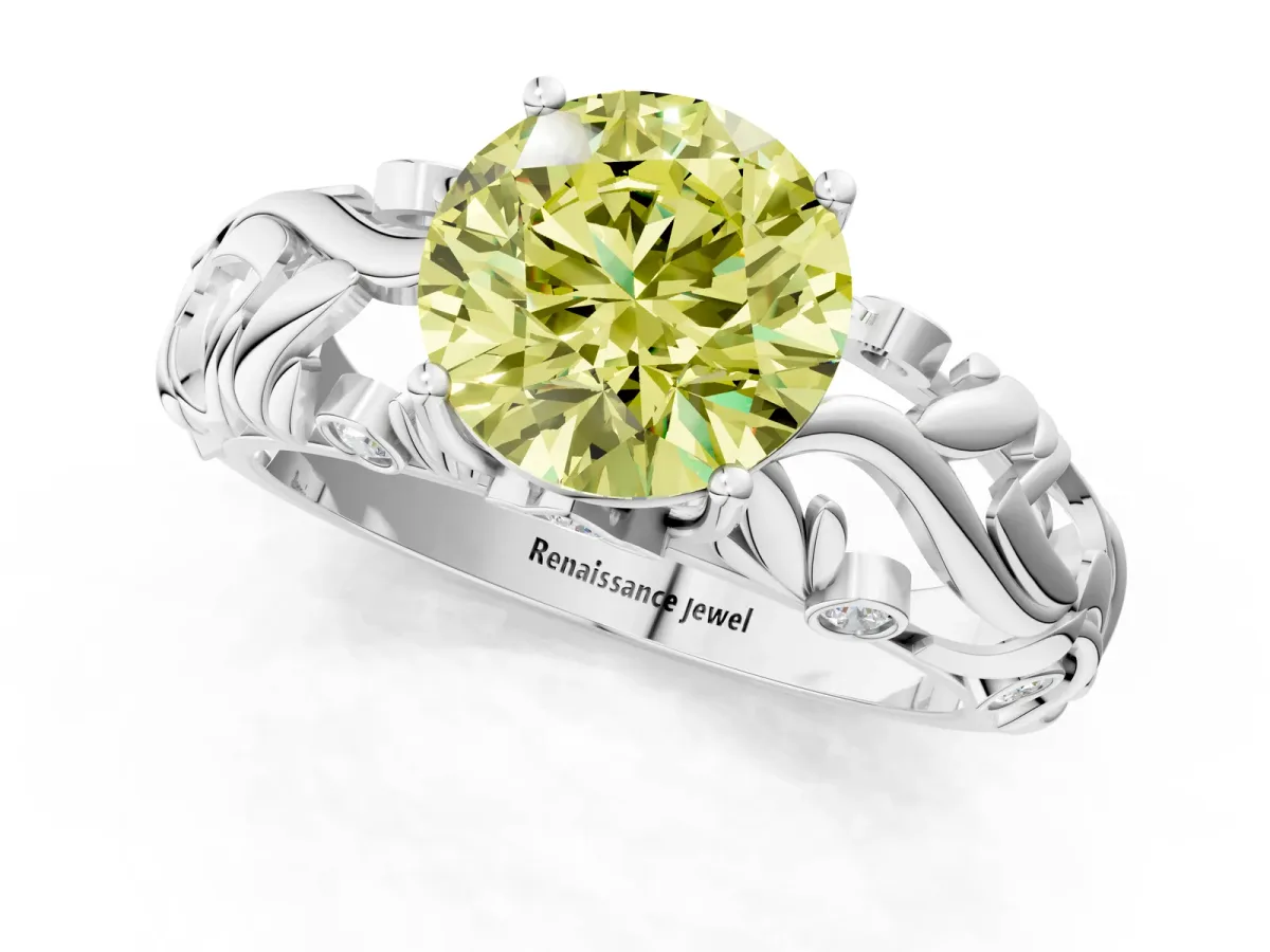 Fancy Yellow Round Cut Solitaire Diamond Leaf-Inspired Vine Band Ring with Prong Setting Silver